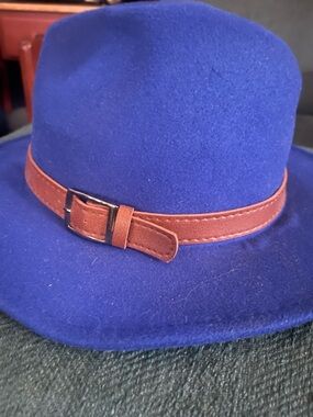 Blue Fedora with Brown Faux Leather Band